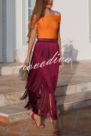 Elegant Tassel Hem Elastic Waist Casual Maxi Skirt