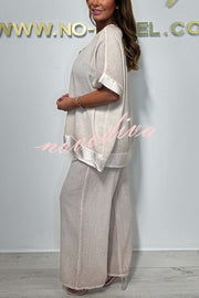 Fashionable V-neck Short-sleeved Loose Top and Elastic Waist Casual Wide-leg Pants Set