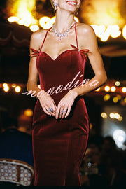 Althea Velvet Sweetheart Neck Bow Strap Fishtail Hem Stretch Midi Dress