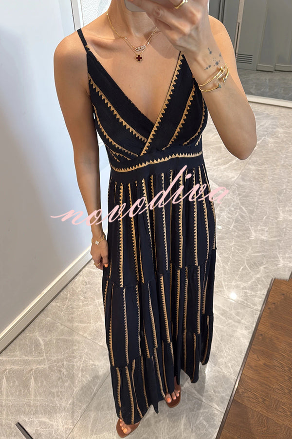 Striped Printed Suspender V-Neck Full Hem Loose Holiday Maxi Dress