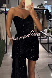 Sexy Strapless Sequin Ribbon Slim Mini Dress