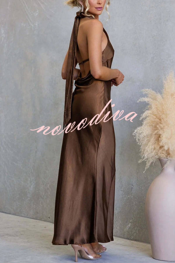 Satin Fashion Halter Backless Slim Elegant Maxi Dress