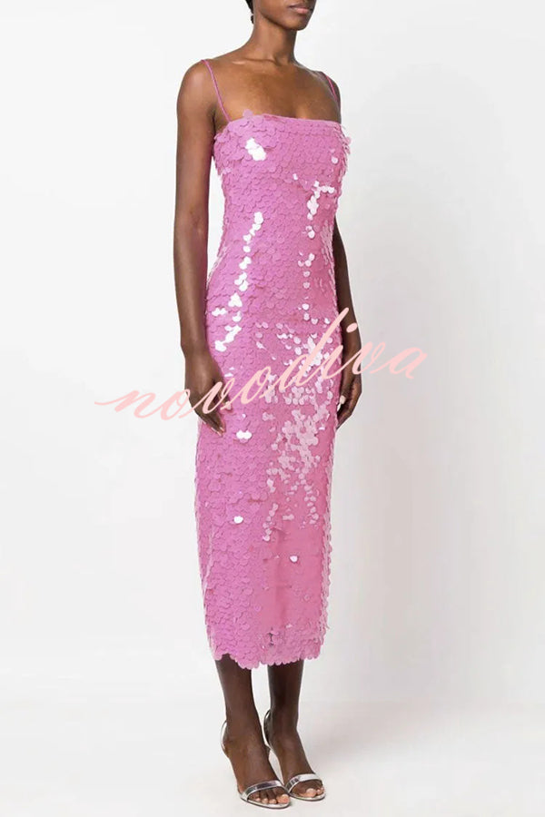 Sexy Sequined Halter-neck Backless Slim Fit Slit Midi Dress