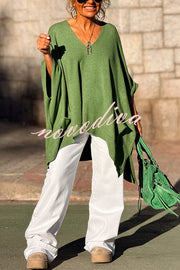Fashion V-neck Loose Pocket Mid-length Knitted Sweater