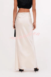 Black and White Classic Satin High Neck Crop Top and Wrap Tie-up Slit Maxi Skirt Set