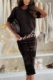 Light The Night Knit Satin Bow Detail Short Puff Sleeve Sweater