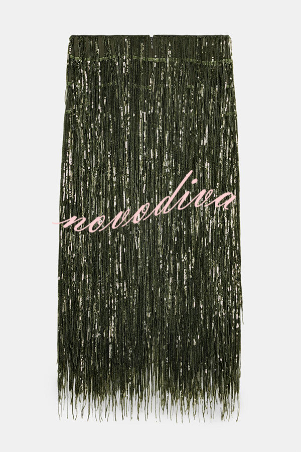 Party Crasher Layered Sequined Tassels High Rise Back Zipper Midi Skirt