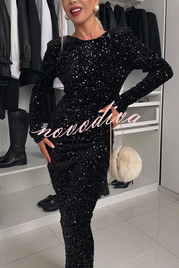 My Space Velvet Sequin Long Sleeve Open Back Bow Detail Stretch Maxi Dress