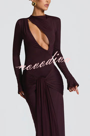 Sexy Cutout Fitted Long-sleeved Pleated Satin Ribbon Maxi Dresses