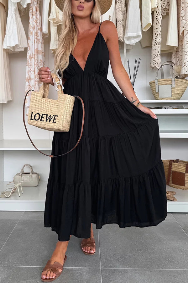 Bohemian Style V-neck Backless Slip Layered Vacation Maxi Dress