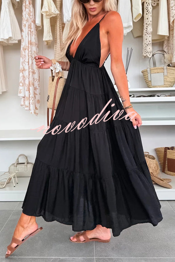 Bohemian Style V-neck Backless Slip Layered Vacation Maxi Dress