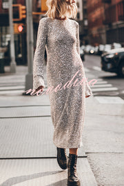 Ignite Sparkly Nights Sequin Extra Long Sleeve Open Back Loose Midi Dress