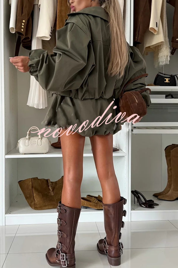 Fashion Style Button Long Balloon Sleeve Pocket Lapel Casual Bomber Jacket