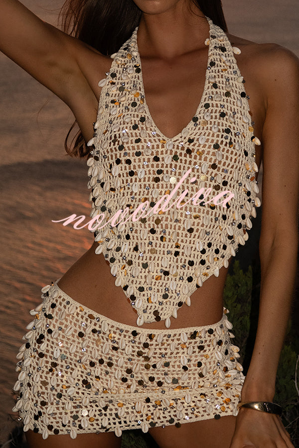 Sexy Halter Back Shell Sequined Top and Fitted Beach Mini Skirt Set