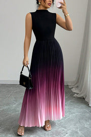 Fashionable Gradient Sleeveless Slim Fit Stitching Pleated Maxi Dress