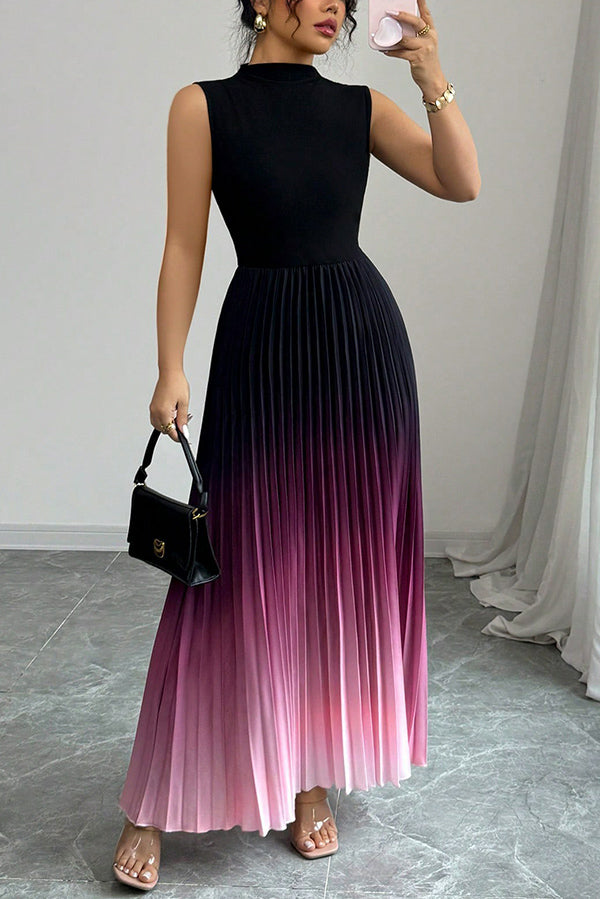 Fashionable Gradient Sleeveless Slim Fit Stitching Pleated Maxi Dress