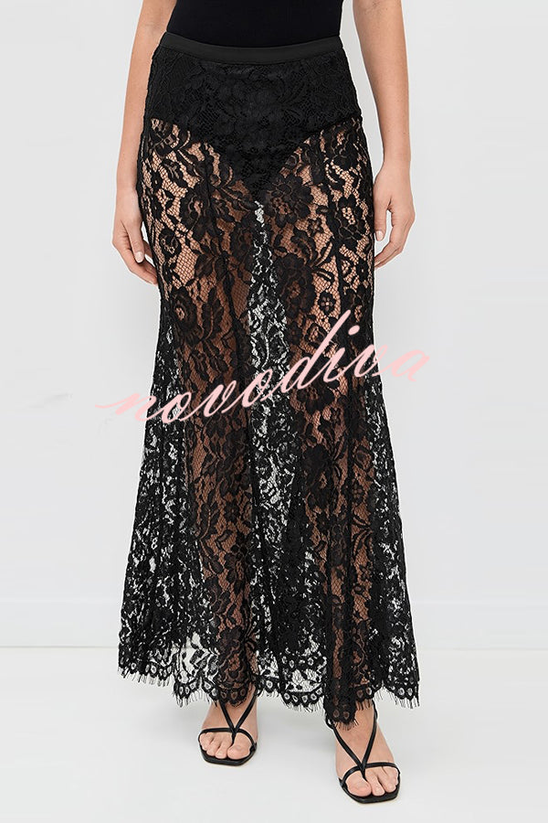 Make An Entrance Floral Stretch Lace Mid Rise Flare Maxi Skirt