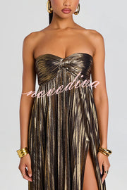 Metallic Sexy Tube Top Pleated High Slit Maxi Dress