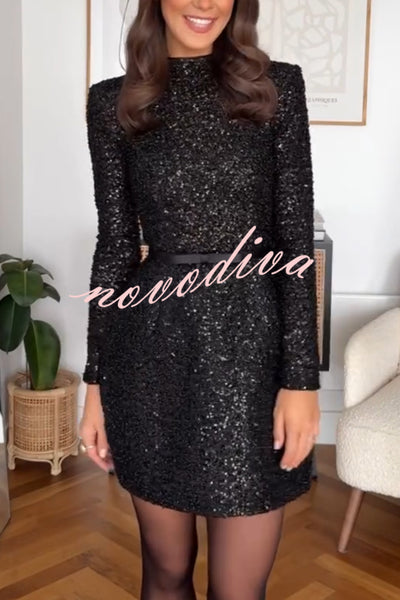 Edie Sequin High Neck Long Sleeve Satin Bow Belted Tulip Mini Dress