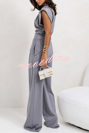 Jordy Ruched Shoulder Slit Top and Elastic Waist Pocketed Wide Leg Pants Set