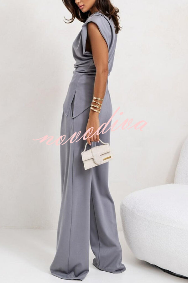 Jordy Ruched Shoulder Slit Top and Elastic Waist Pocketed Wide Leg Pants Set