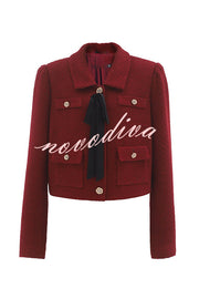 Sweet Dreams Tweed Bow Neck Button Long Sleeve Pocket Crop Jacket