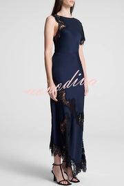 Paris Dream Satin Lace Trim Irregular Design Drape Maxi Dress