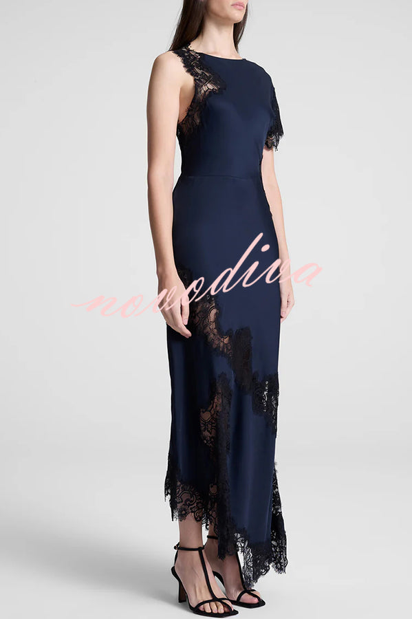 Paris Dream Satin Lace Trim Irregular Design Drape Maxi Dress