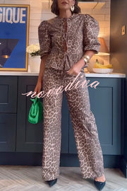 Kiana Leopard Print Peplum Tie Puff Sleeve Shirt and Elastic Waist Pocketed Loose Pants Set