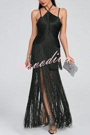 Sexy Halterneck Open Back Elegant Tassel Slim Maxi Dress