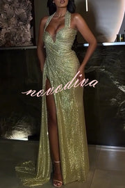 Queen of Compliments Glitter Fabric Halter Sweetheart Neck Ruched Slit Maxi Dress