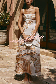 Daje Linen Blend Unique Print Round Hollow Trim Tie-up Bust Slip Maxi Dress