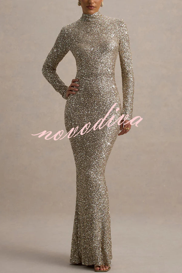 Galaxy Premium Sequin Turtle Neck Long Sleeve Maxi Dress