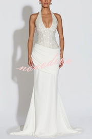 Exclusive Declaration Sequin Halter Neck Back Lace-up Ruched Hem Maxi Dress