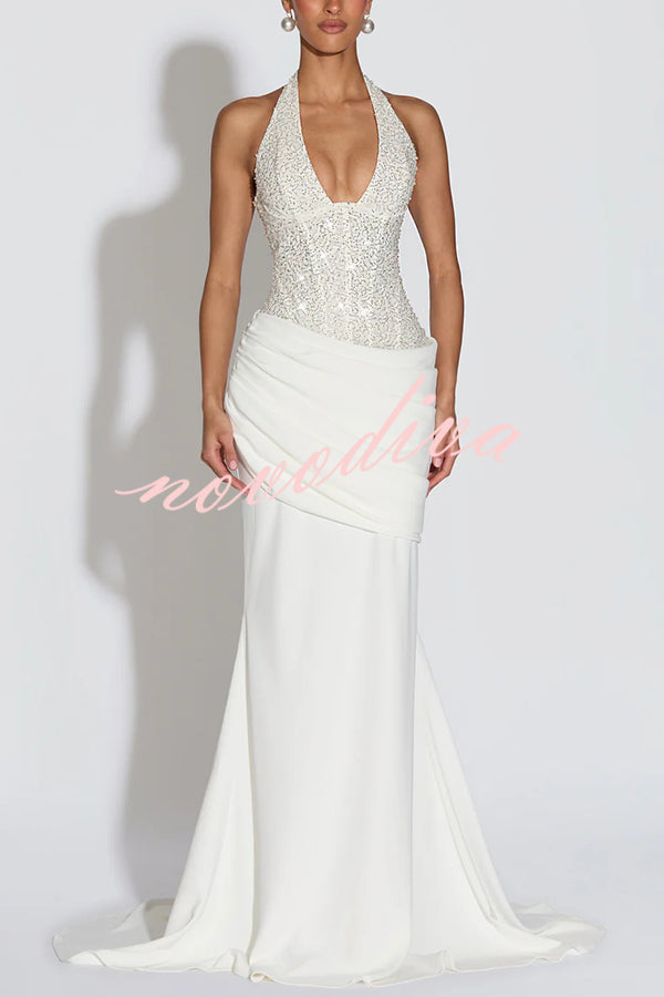 Exclusive Declaration Sequin Halter Neck Back Lace-up Ruched Hem Maxi Dress