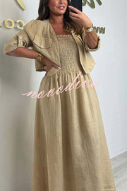 Solid Color Casual Short Jacket and Suspender Pleated Maxi Dress Set