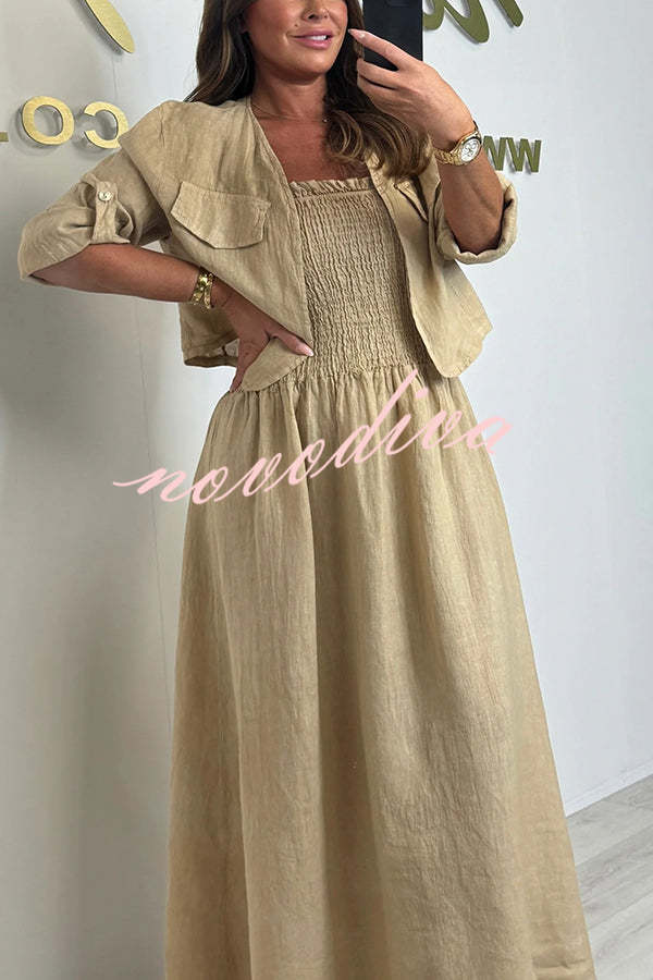 Solid Color Casual Short Jacket and Suspender Pleated Maxi Dress Set
