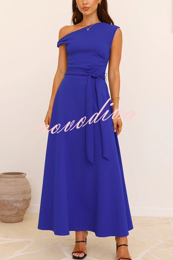 Solid Color Sloped Collar Slim Fit Waist Lace Up Full Hem Maxi Dress