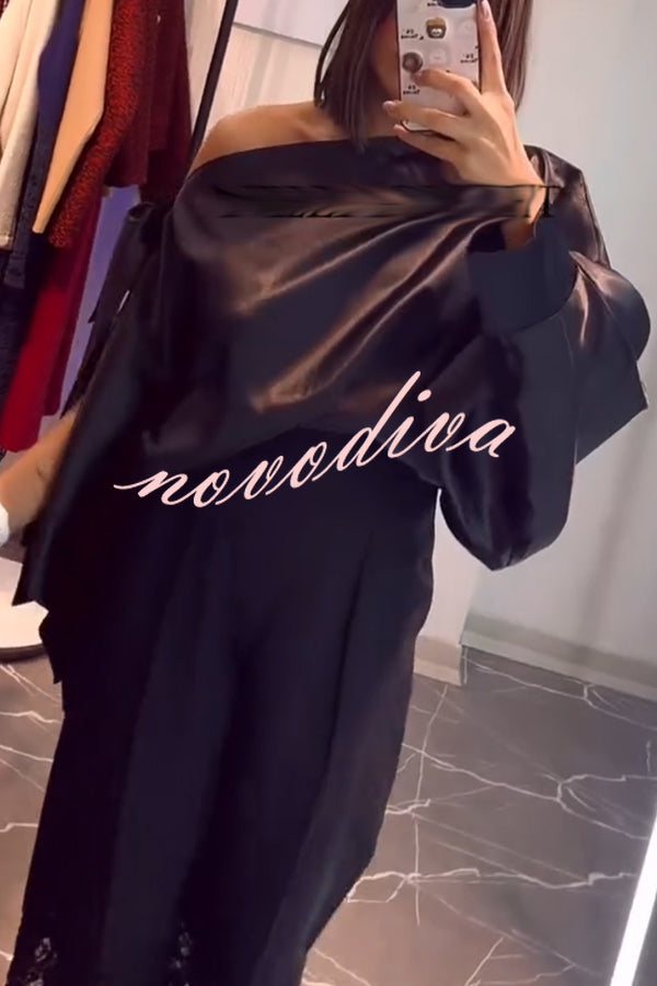 Chic Moment Satin Irregular Knot Slit Sleeve One Shoulder Loose Blouse