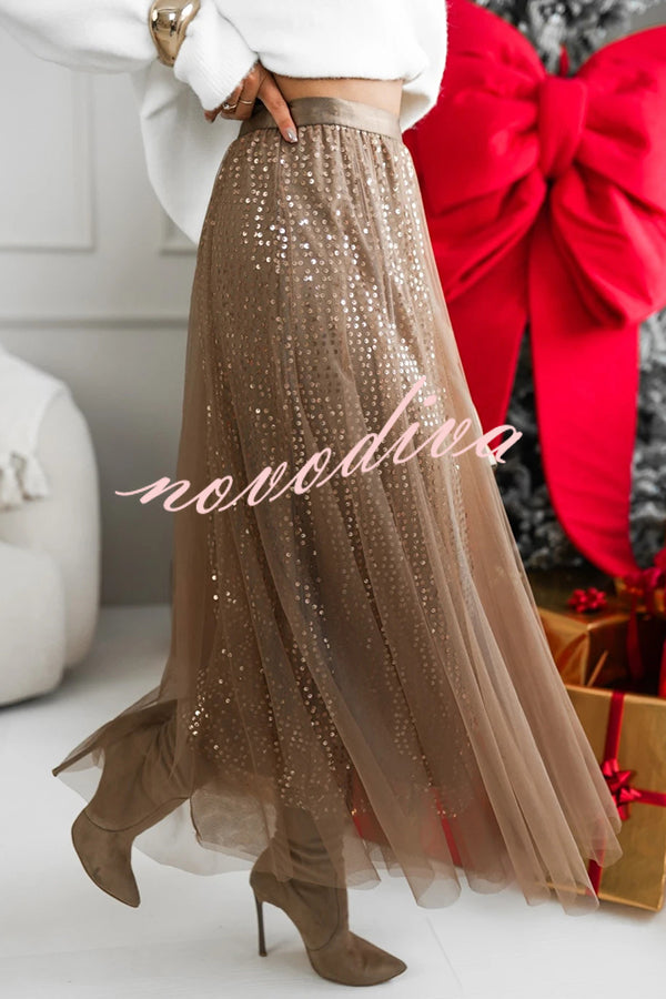 Party Daydream Sequin Tulle High Rise Elastic Waist Maxi Skirt