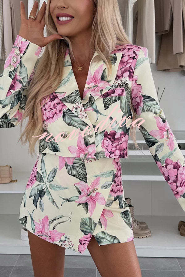 Picture Perfect Botanical Floral Print Long Sleeve Lapel Crop Blazer