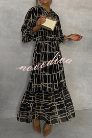 Unique Printed V-neck Tie-up Waist Long-sleeve Maxi Dress