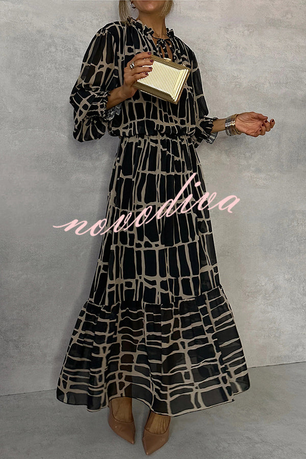 Unique Printed V-neck Tie-up Waist Long-sleeve Maxi Dress