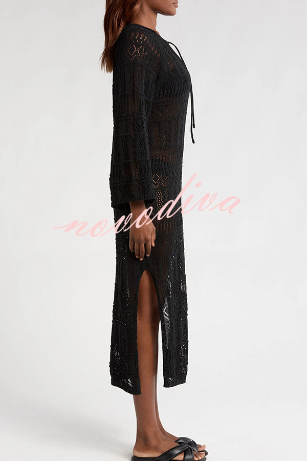 Hollie Knit Unique Pattern Tie-up Long Sleeve Cover-Up Midi Dress