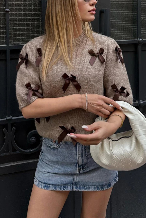 Stylish Bow Decoration Round Neck Puff Sleeve Casual Knit Sweater
