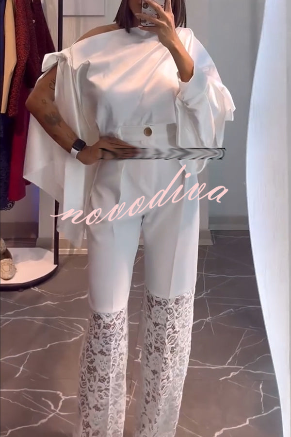 Chic Moment Satin Irregular Knot Slit Sleeve One Shoulder Loose Blouse