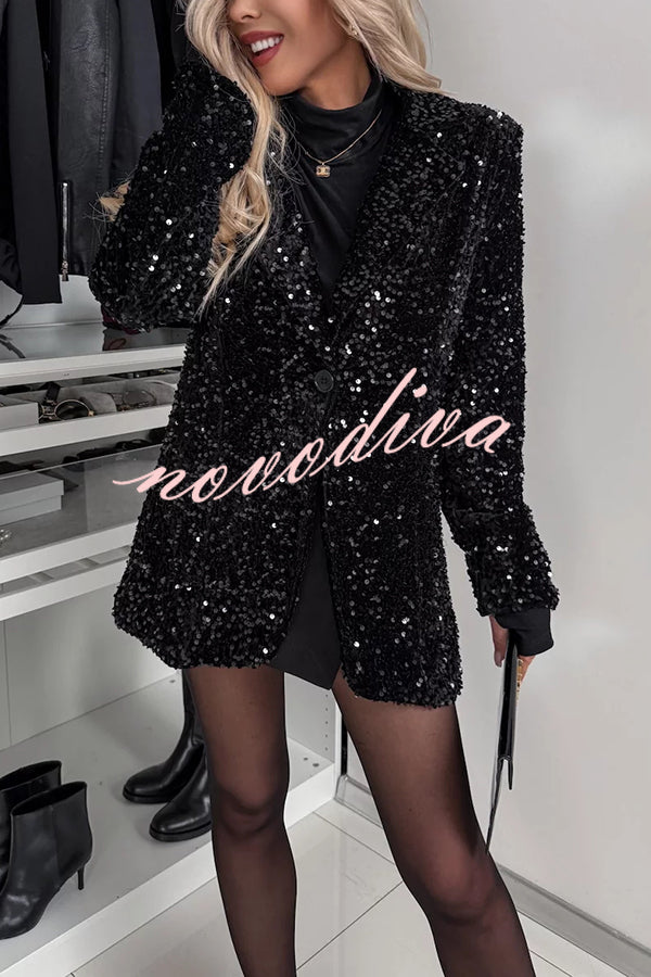 Sparkle Night Velvet Sequin Button Up Long Sleeve Lapel Blazer