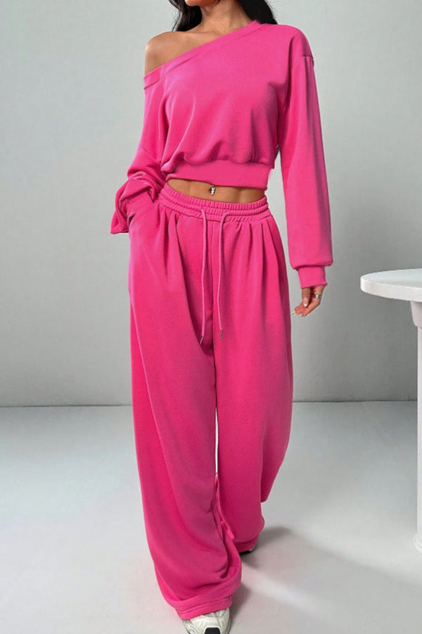 Solid Color Loose Long-sleeved Short Top and Elastic Waist Casual Pocket Wide-leg Pants Set