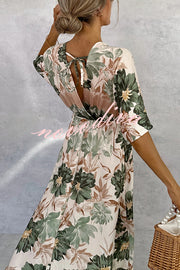 Floral Print V-neck Short Sleeve Waist Loose Full Hem Maxi Dress