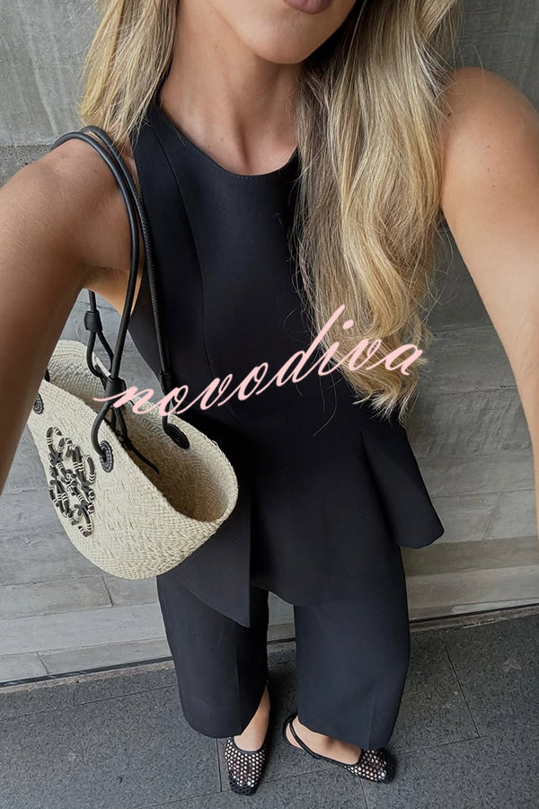 Solid Color Round Neck Sleeveless Casual Top and Loose Straight Pants Set